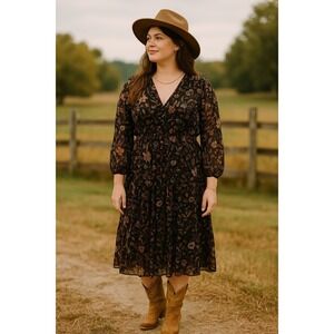 Boho Western Fairy Cottage 2X Semi Sheer Black Floral Tiered Ruffle Midi Dress